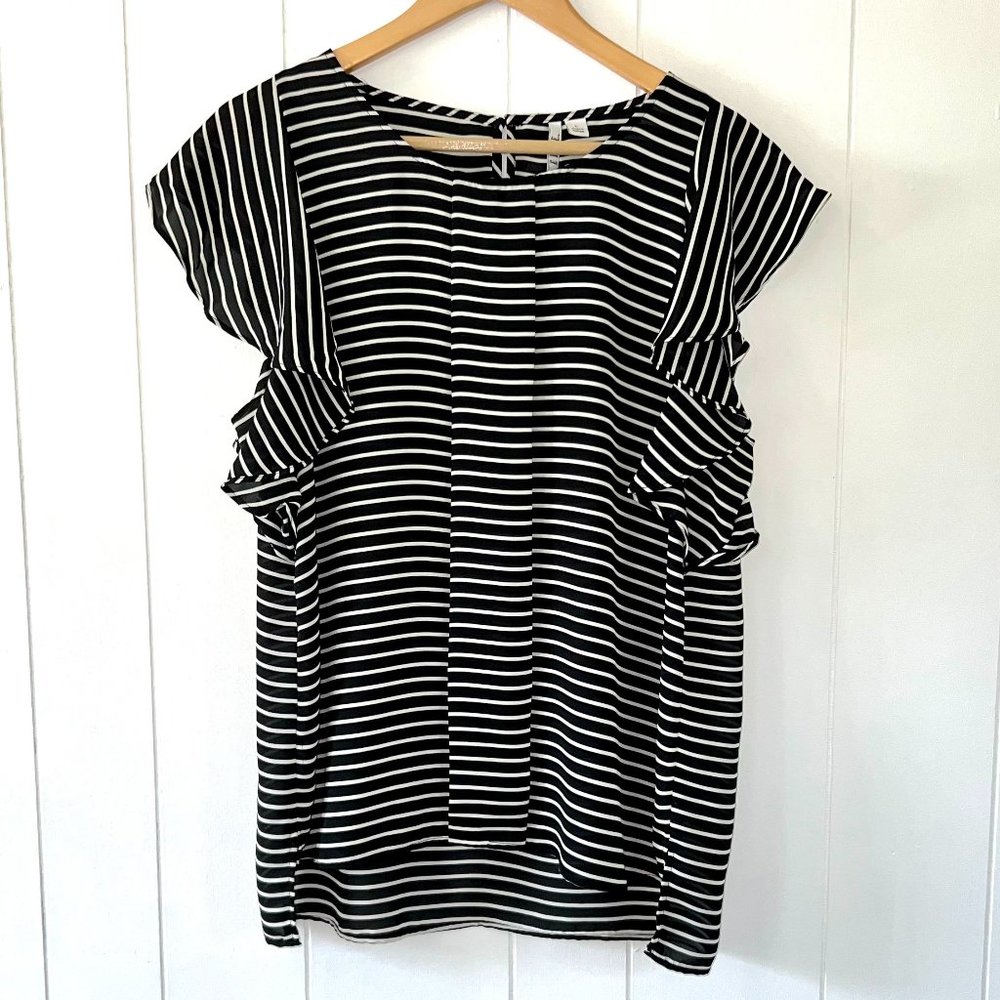 Elle Black/White Striped Ruffle Sleeve Blouse - NWOT